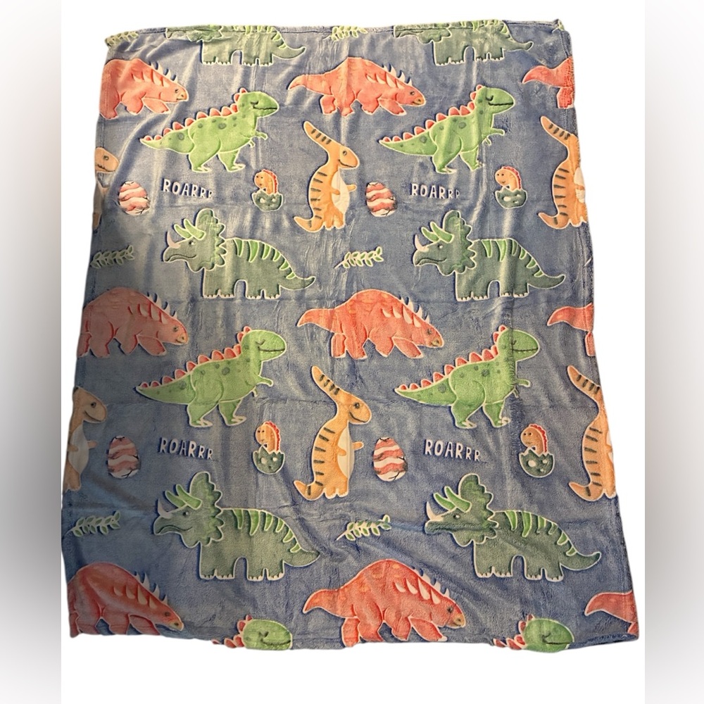 Plush Dino Print Throw Blanket - Blue with Green & Orange Dinosaurs
